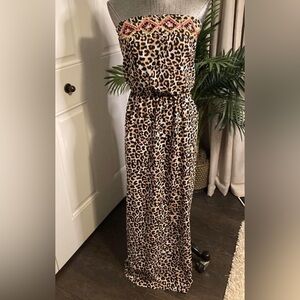 Xhilaration Leopard Print Dress in Black and Tan strapless XS embroidered detail
